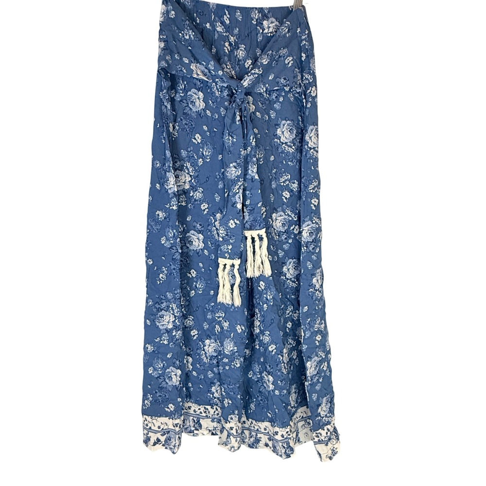 Simplee Blue Floral Wrap Maxi Skirt Tassel Tie Boho Cottagecore Size S